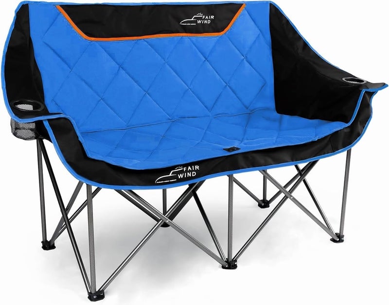 FAIR WIND Oversized Fully Padded Camping Chair Folding Loveseat Camping Couch Double Duo Chair Heavy Duty Quad Fold Arm Chair with Cup Hold - Supports 650 LBS Blue - Image 1
